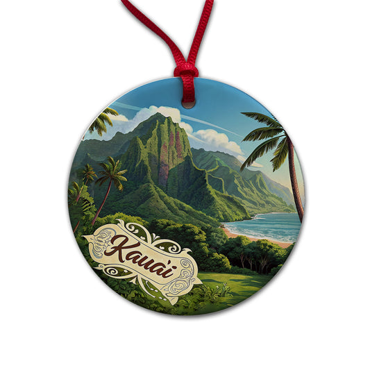 Kaua'i, Hawaii Hi Tropical Travel City State Stamp Round Ceramic Holiday Christmas Tree Ornament