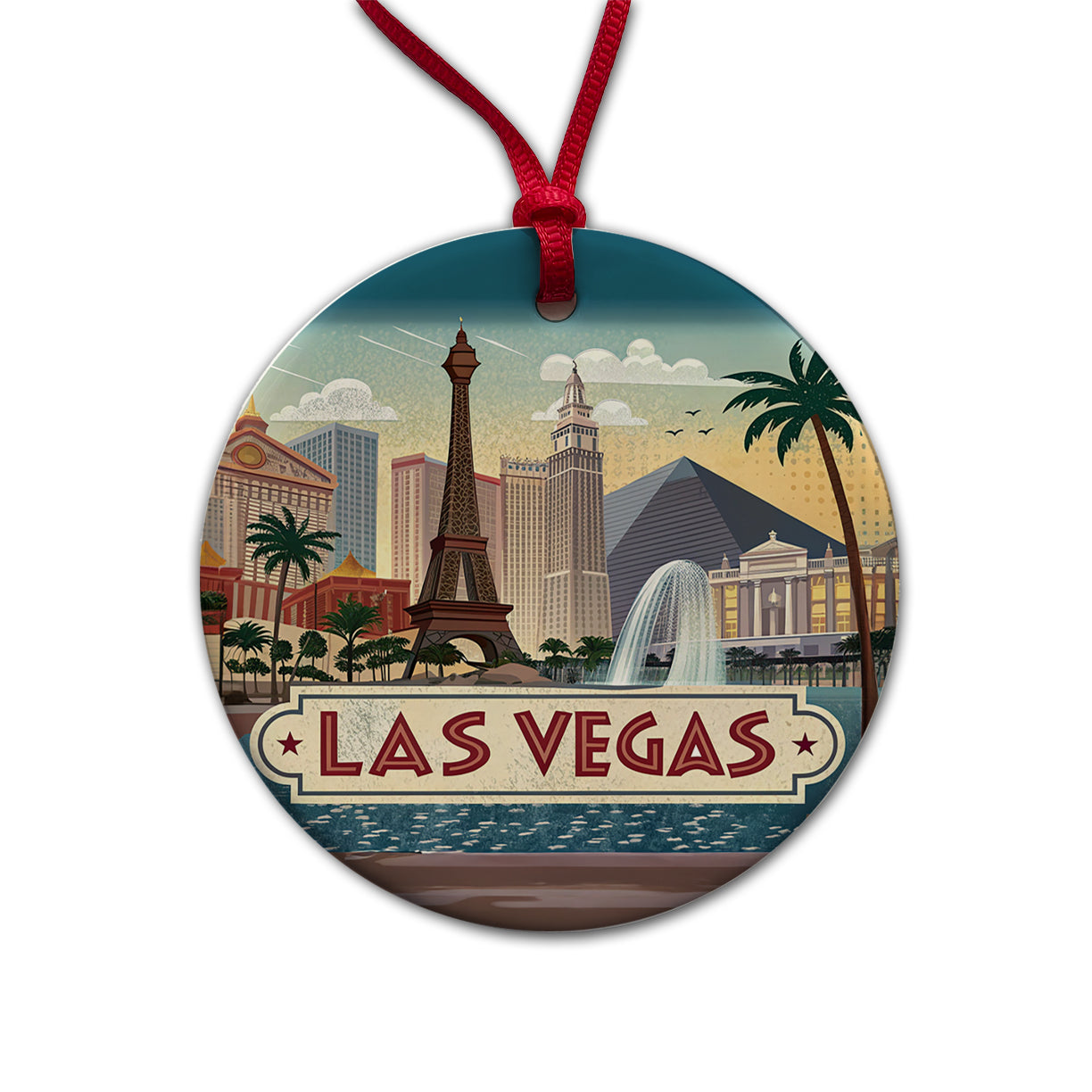 Las Vegas, Nevada NV Travel City State Stamp Round Ceramic Holiday Christmas Tree Ornament