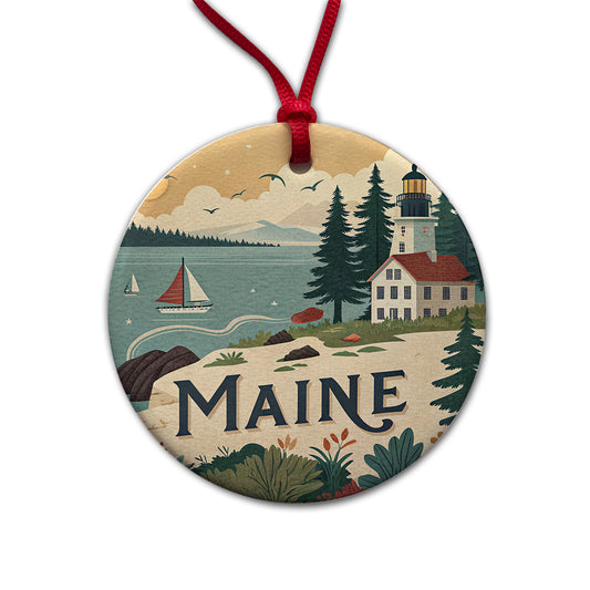 Maine ME Travel City State Stamp Round Ceramic Holiday Christmas Tree Ornament
