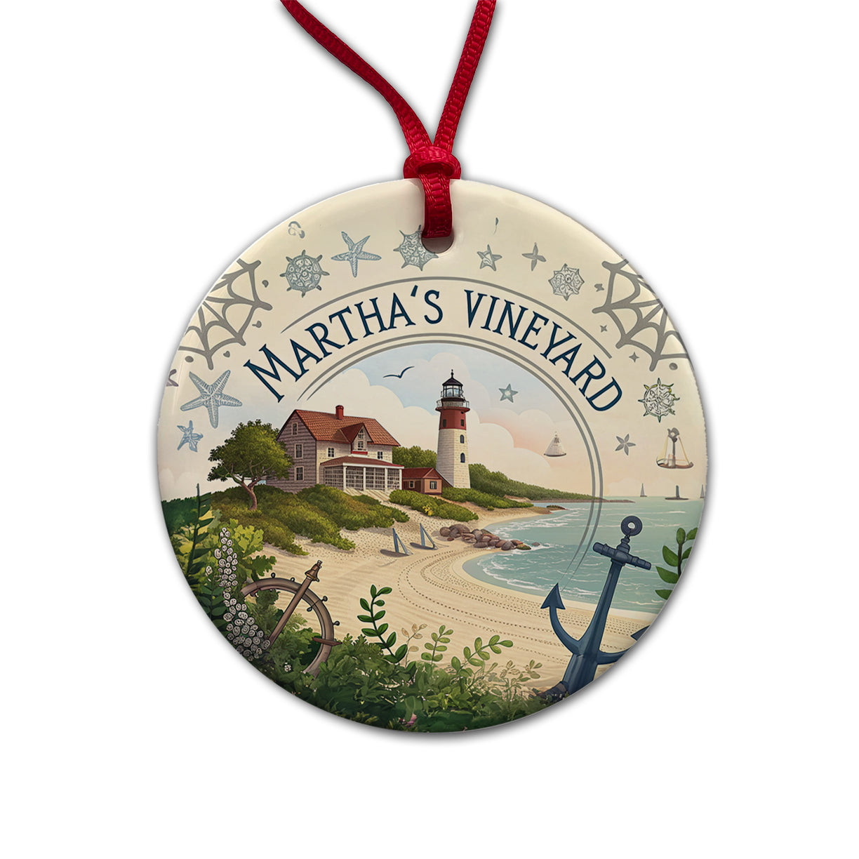 Martha's Vineyard, Massachusetts MA Travel City State Stamp Round Ceramic Holiday Christmas Tree Ornament