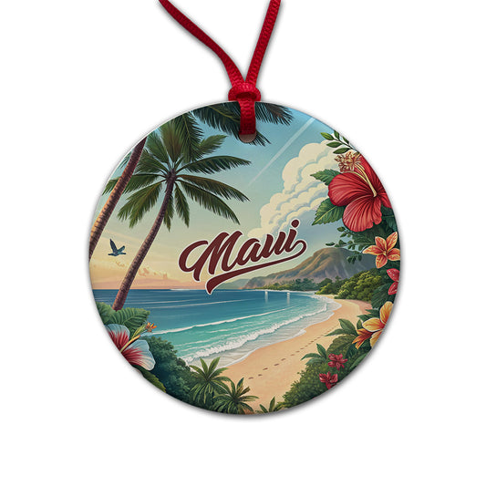 Maui, Hawaii HI Travel City State Stamp Round Ceramic Holiday Christmas Tree Ornament