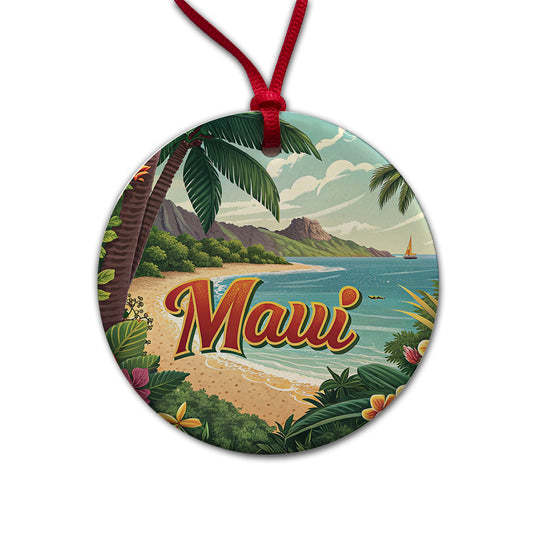 Maui, Hawaii HI Tropical Travel City State Stamp Round Ceramic Holiday Christmas Tree Ornament