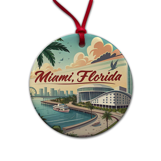 Miami, Florida FL Travel City State Stamp Round Ceramic Holiday Christmas Tree Ornament