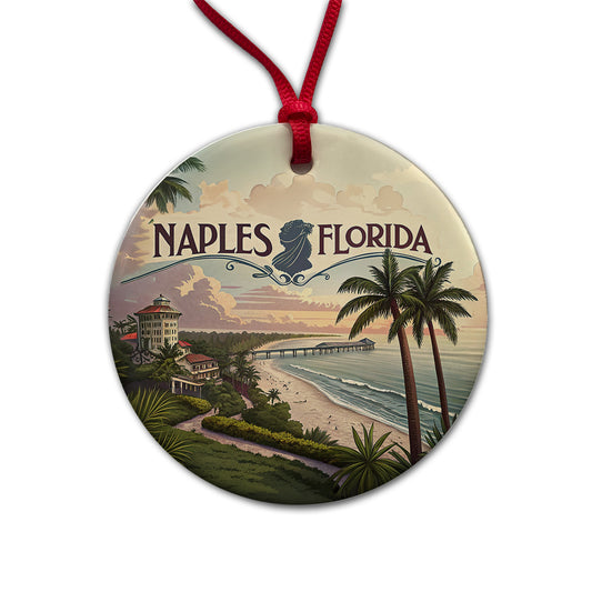 Naples, Florida FL Travel City State Stamp Round Ceramic Holiday Christmas Tree Ornament