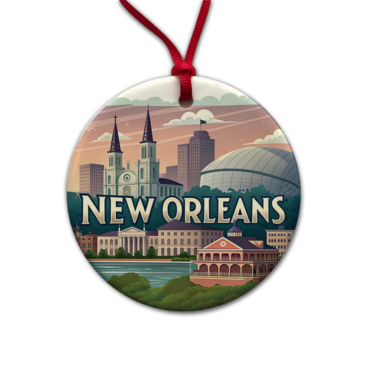 New Orleans, Louisiana LA Travel City State Stamp Round Ceramic Holiday Christmas Tree Ornament