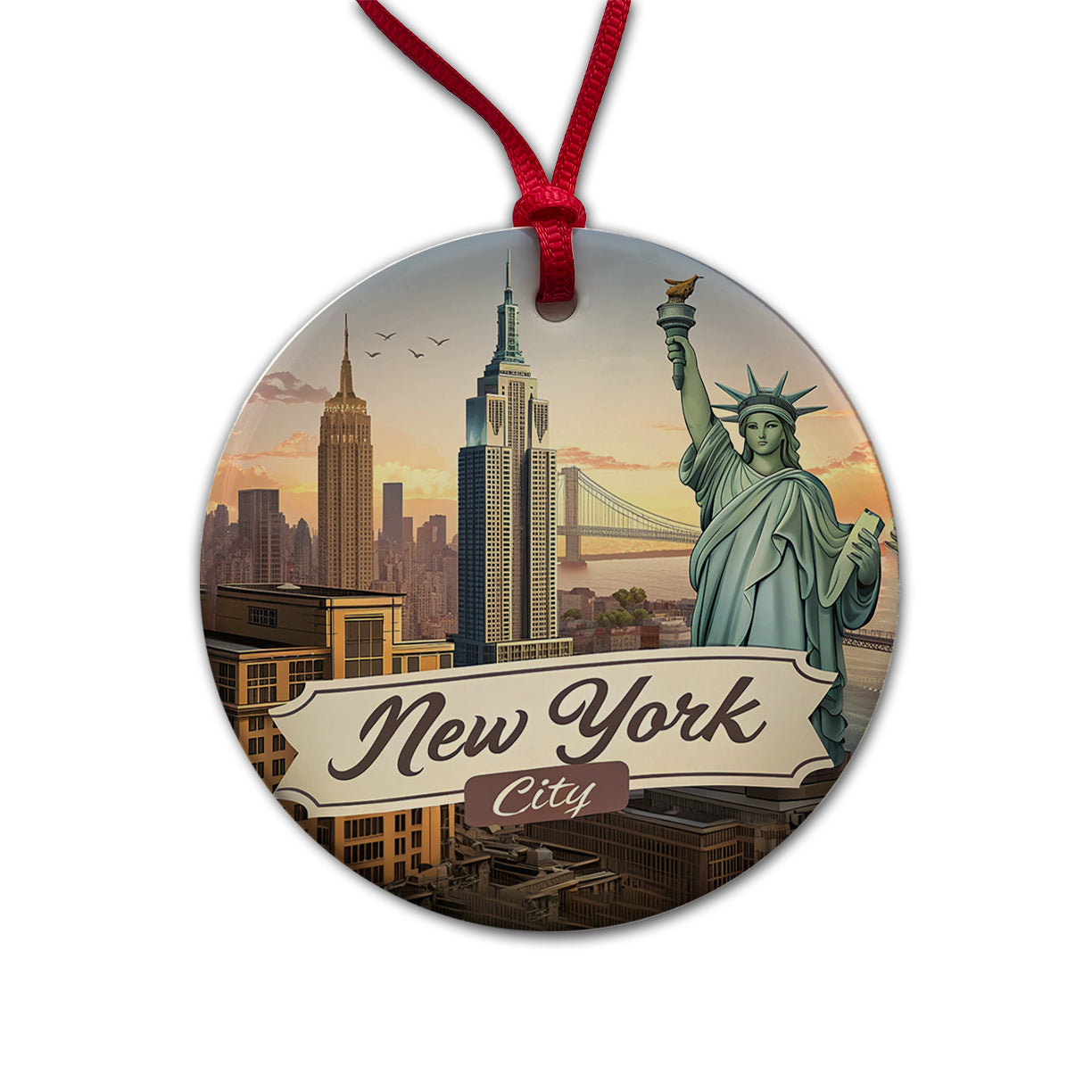 New York City NY Travel City State Stamp Round Ceramic Holiday Christmas Tree Ornament
