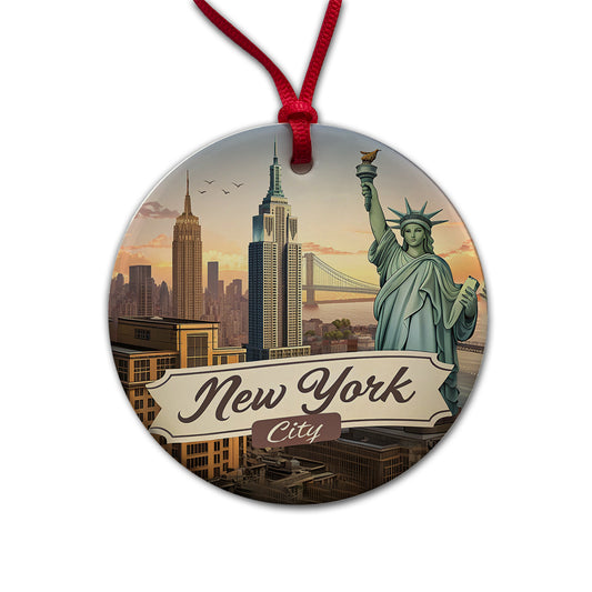 New York City NY Travel City State Stamp Round Ceramic Holiday Christmas Tree Ornament