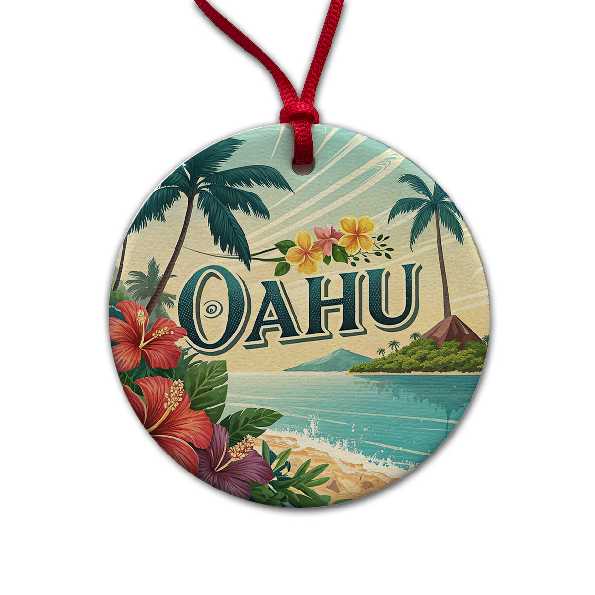 O'Ahu Hawaii HI Travel City State Stamp Round Ceramic Holiday Christmas Tree Ornament