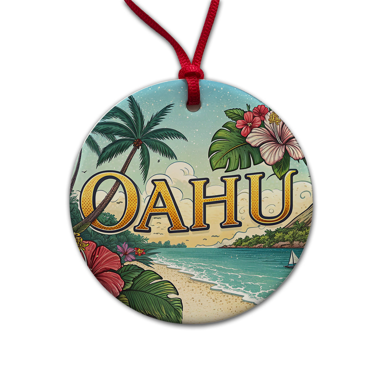 O'Ahu Hawaii HI Tropical Travel City State Stamp Round Ceramic Holiday Christmas Tree Ornament