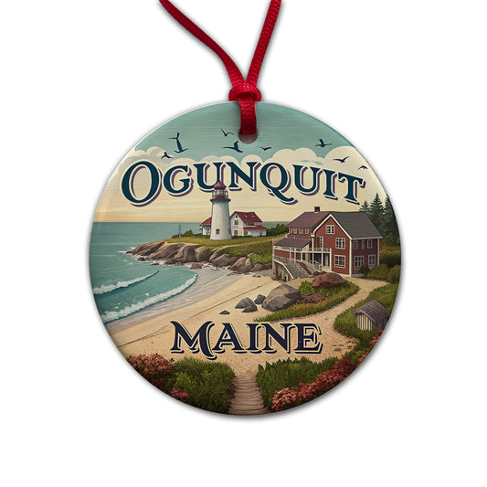 Ogunquit, Maine ME Travel City State Stamp Round Ceramic Holiday Christmas Tree Ornament