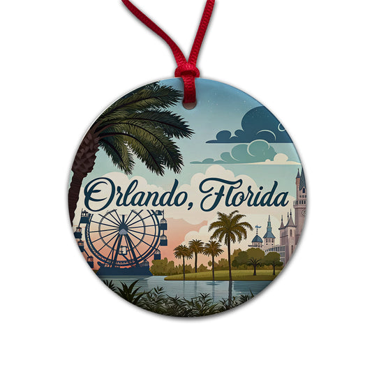 Orlando, Florida FL Travel City State Stamp Round Ceramic Holiday Christmas Tree Ornament