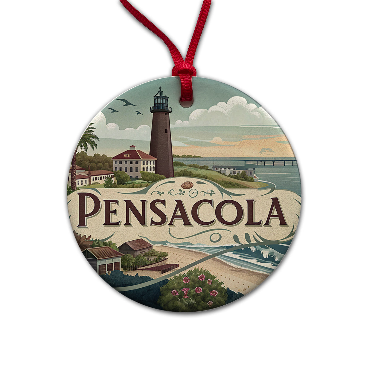 Pensacola, Florida FL Travel City State Stamp Round Ceramic Holiday Christmas Tree Ornament