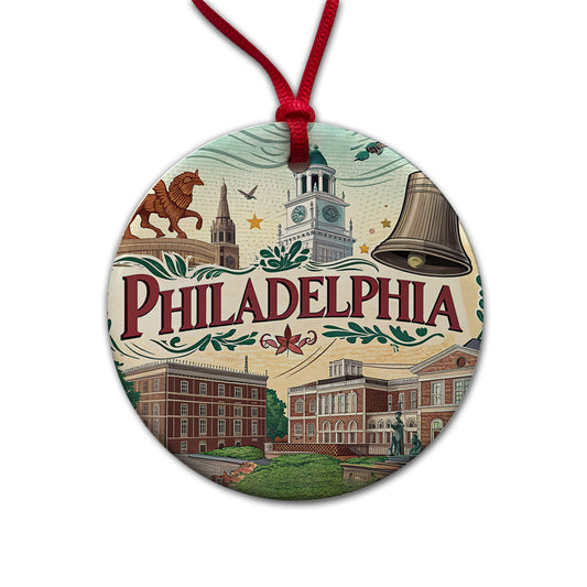 Philadelphia PA Travel City State Stamp Round Ceramic Holiday Christmas Tree Ornament