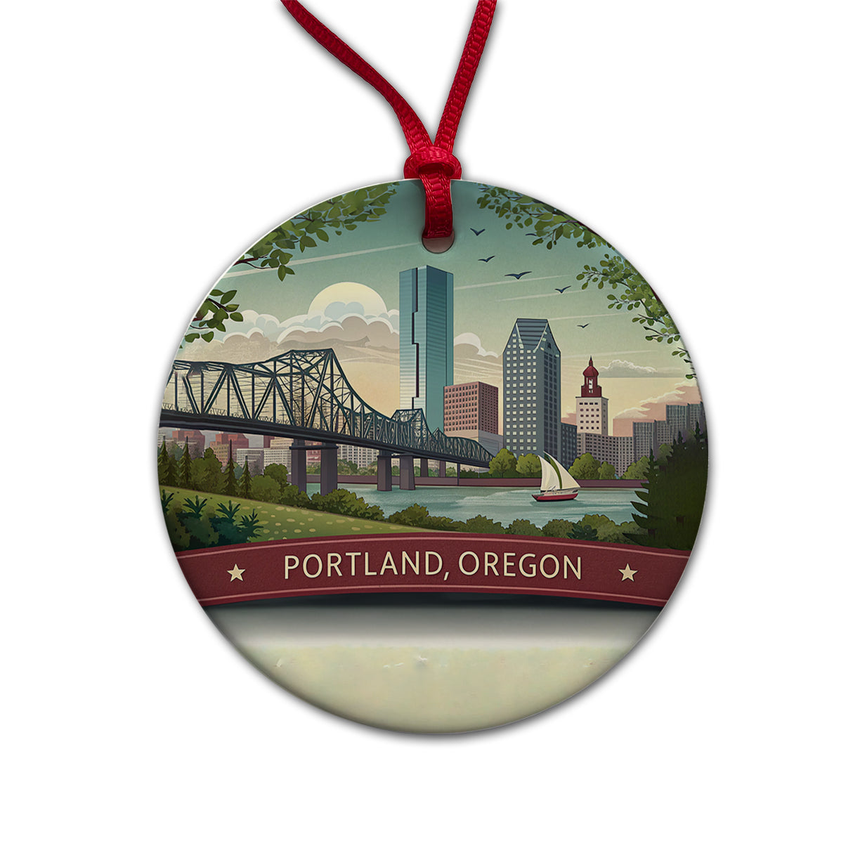 Portland, Oregon OR Travel City State Stamp Round Ceramic Holiday Christmas Tree Ornament