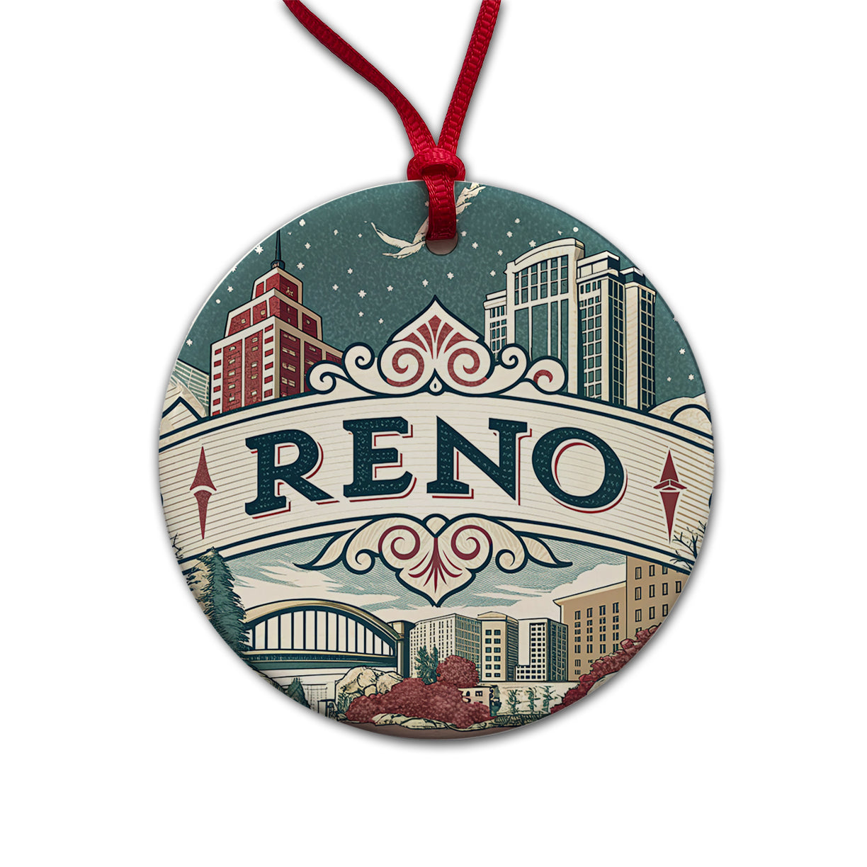 Reno, Nevada NV Travel City State Stamp Round Ceramic Holiday Christmas Tree Ornament