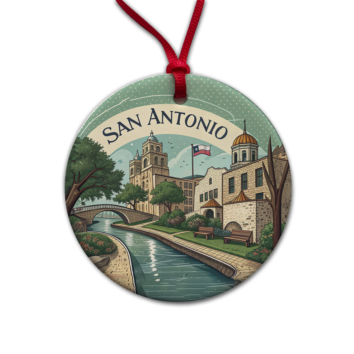 San Antonio, Texas TX Travel City State Stamp Round Ceramic Holiday Christmas Tree Ornament