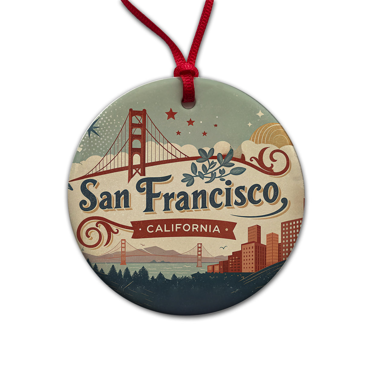 San Francisco, California CA Travel City State Stamp Round Ceramic Holiday Christmas Tree Ornament