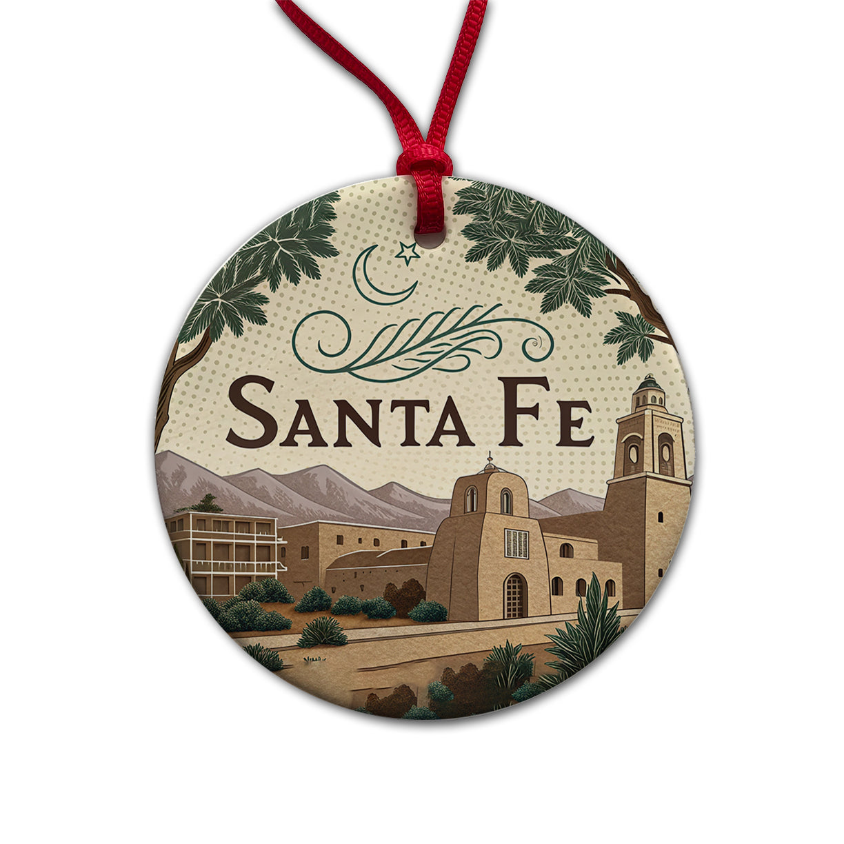 Santa Fe, New Mexico NM Travel City State Stamp Round Ceramic Holiday Christmas Tree Ornament