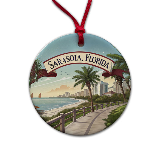 Sarasota, Florida FL Travel City State Stamp Round Ceramic Holiday Christmas Tree Ornament