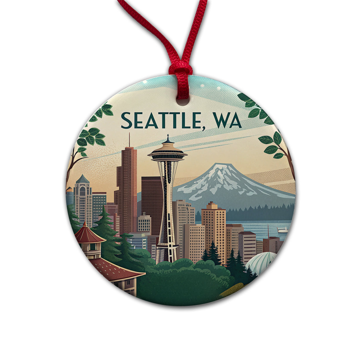 Seattle, Washington WA Travel City State Stamp Round Ceramic Holiday Christmas Tree Ornament