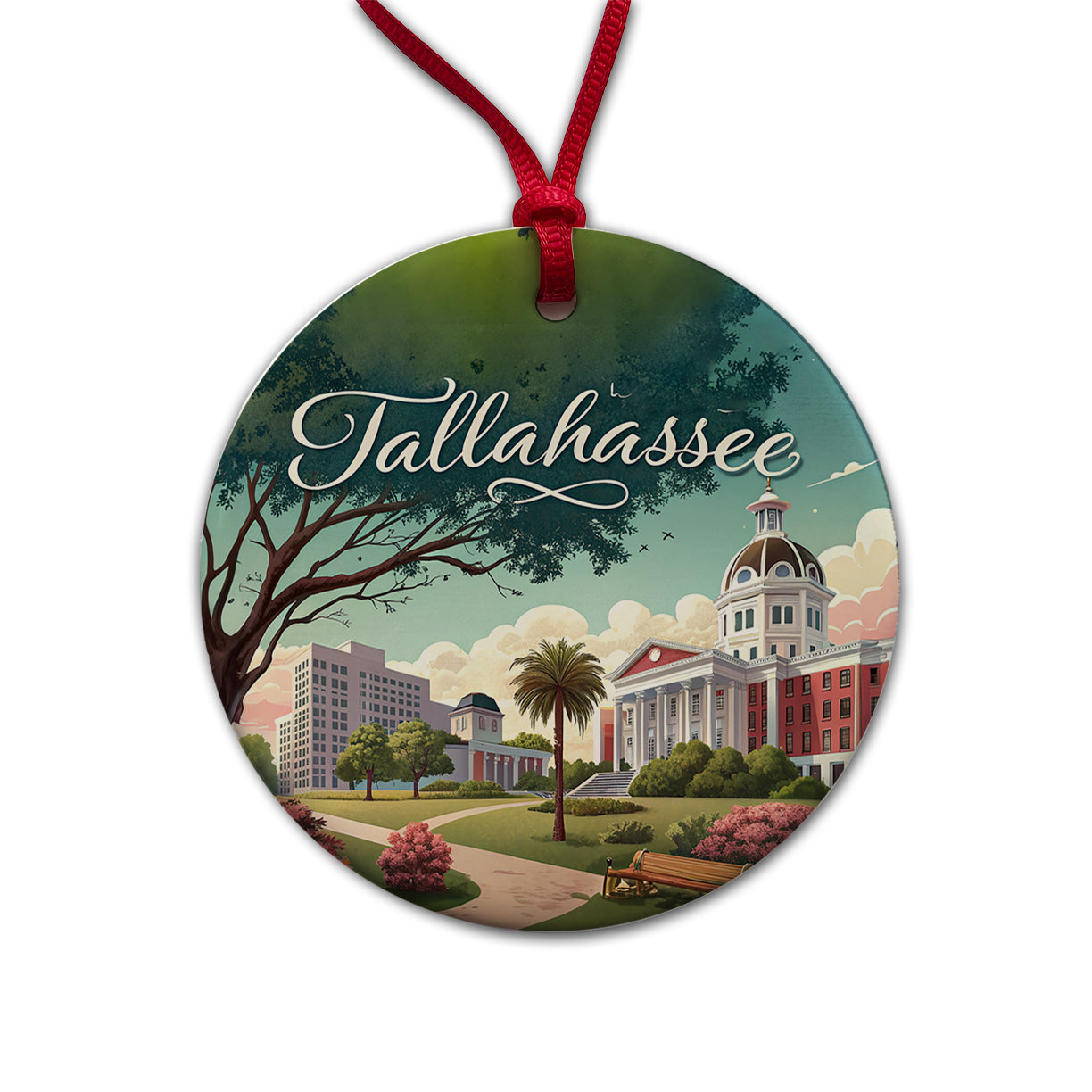 Tallahassee, Florida FL Travel City State Stamp Round Ceramic Holiday Christmas Tree Ornament