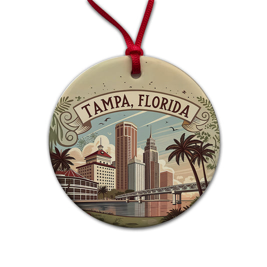 Tampa, Florida FL Travel City State Stamp Round Ceramic Holiday Christmas Tree Ornament