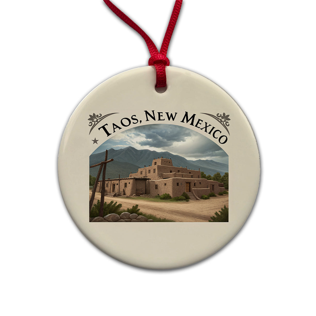 Taos, New Mexico NM Travel City State Stamp Round Ceramic Holiday Christmas Tree Ornament