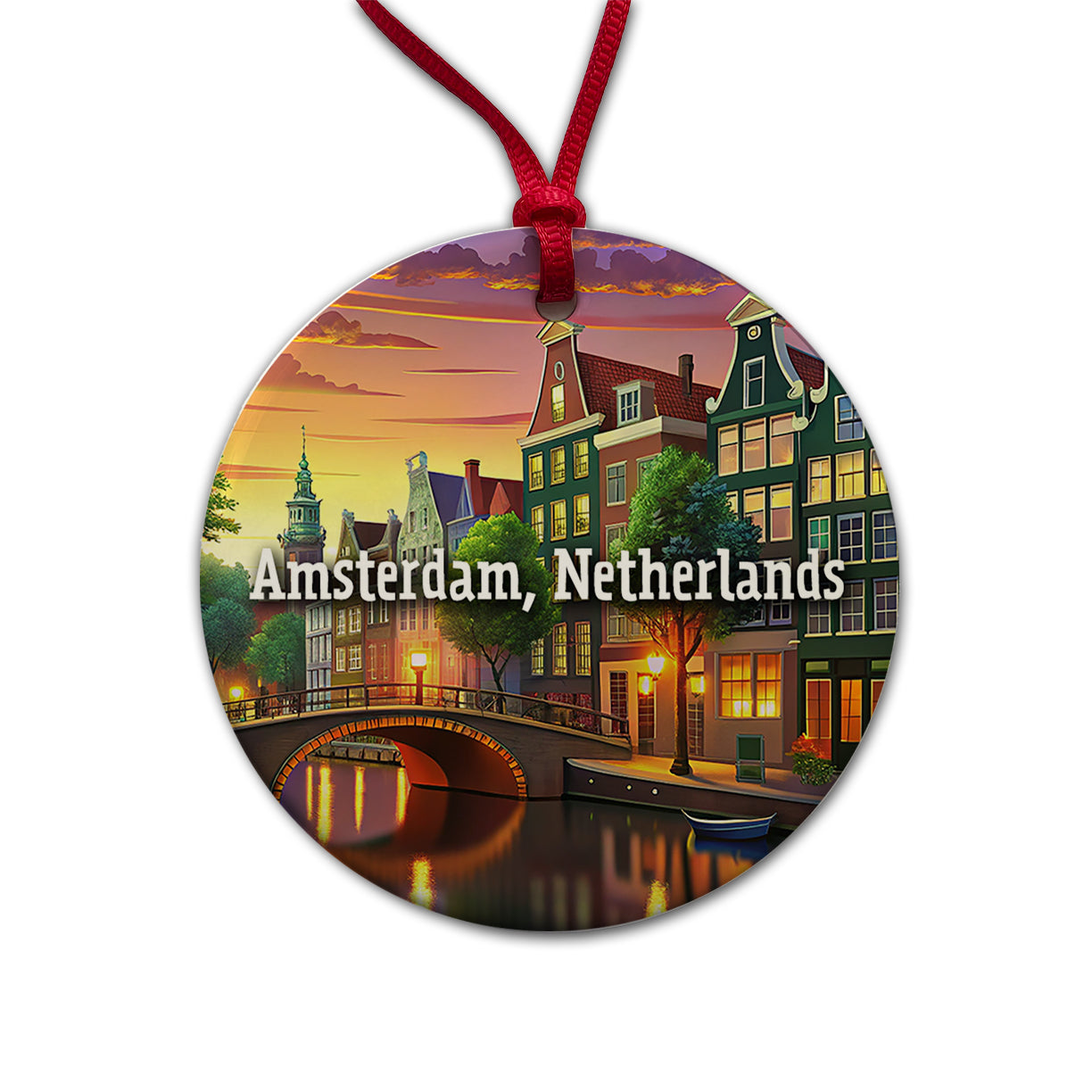 Amsterdam, Netherlands Travel City Country Stamp Round Ceramic Holiday Christmas Tree Ornament