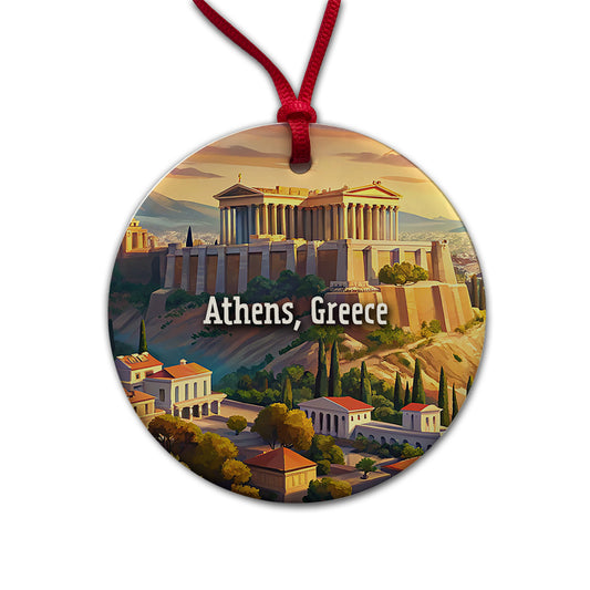 Athens, Greece Travel City Country Stamp Round Ceramic Holiday Christmas Tree Ornament