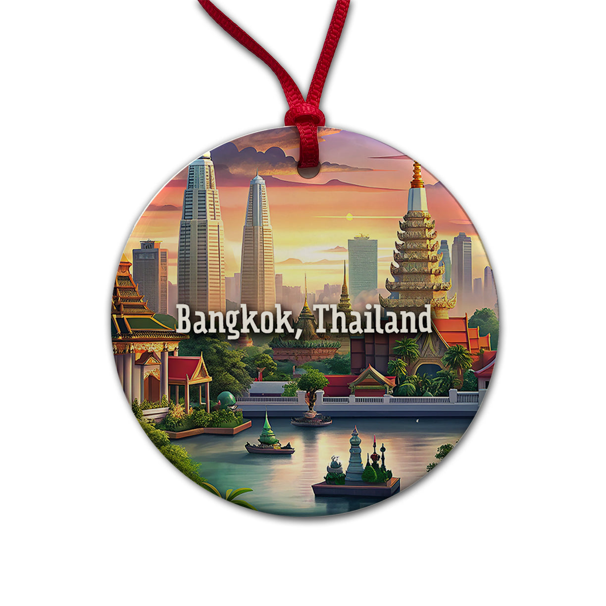 Bangkok, Thailand Travel City Country Stamp Round Ceramic Holiday Christmas Tree Ornament