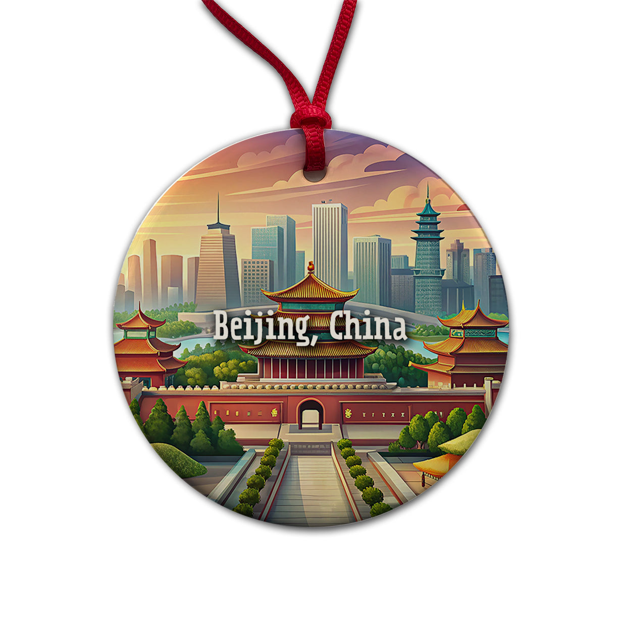 Beijing, China Travel City Country Stamp Round Ceramic Holiday Christmas Tree Ornament