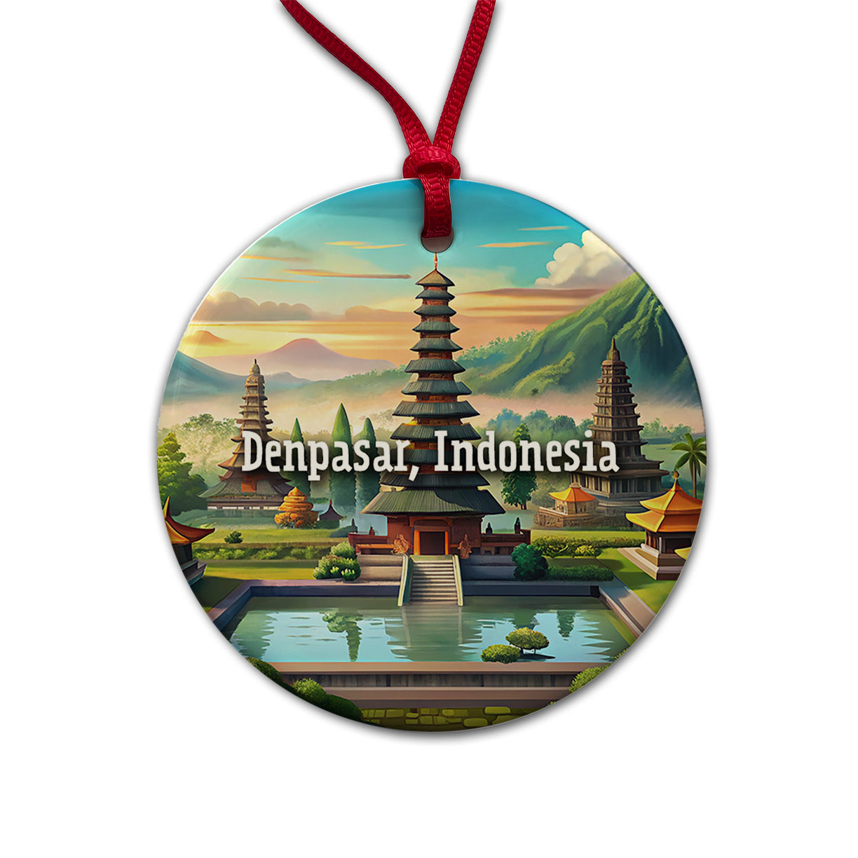 Denpasar, Indonesia Travel City Country Stamp Round Ceramic Holiday Christmas Tree Ornament