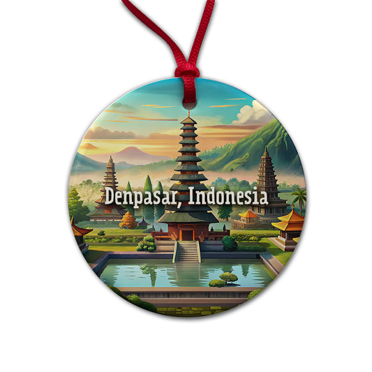 Denpasar, Indonesia Travel City Country Stamp Round Ceramic Holiday Christmas Tree Ornament