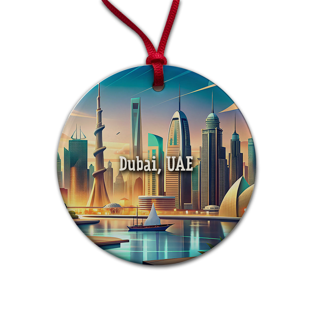 Dubai, UAE Travel City Country Stamp Round Ceramic Holiday Christmas Tree Ornament