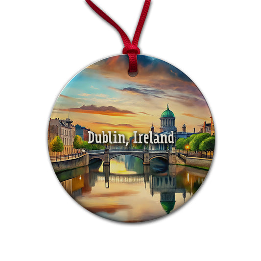 Dublin, Ireland Travel City Country Stamp Round Ceramic Holiday Christmas Tree Ornament