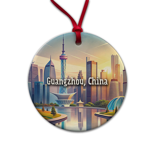 Guangzhou, China Travel City Country Stamp Round Ceramic Holiday Christmas Tree Ornament