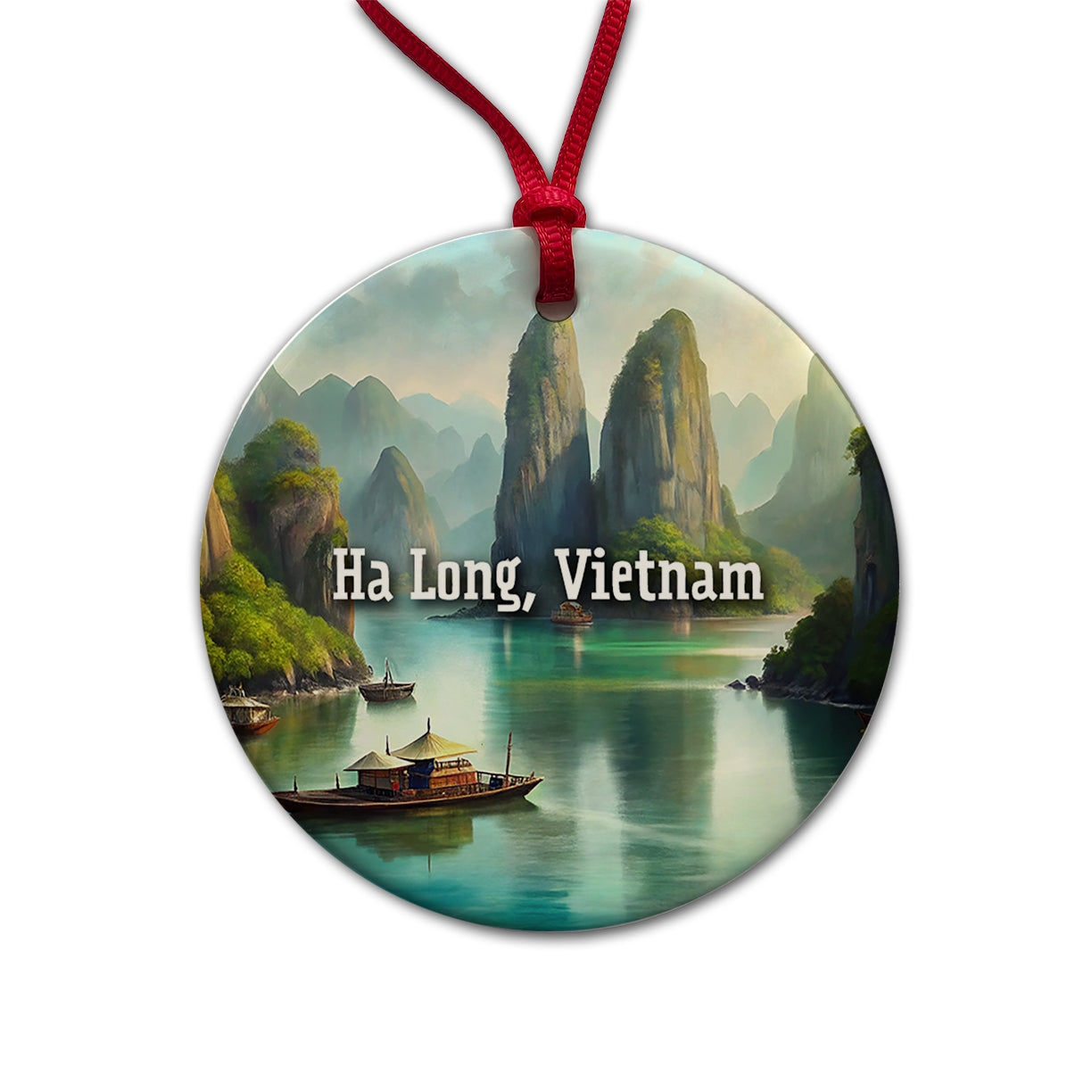 Ha Long, Vietnam Travel City Country Stamp Round Ceramic Holiday Christmas Tree Ornament