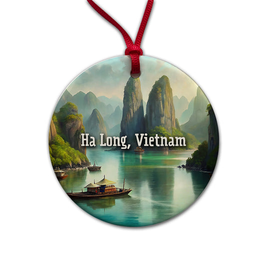 Ha Long, Vietnam Travel City Country Stamp Round Ceramic Holiday Christmas Tree Ornament
