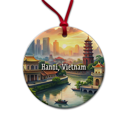 Hanoi, Vietnam Travel City Country Stamp Round Ceramic Holiday Christmas Tree Ornament