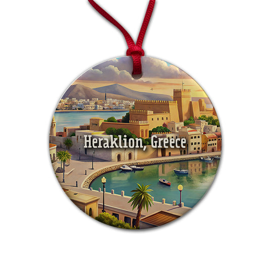 Heraklion, Greece Travel City Country Stamp Round Ceramic Holiday Christmas Tree Ornament