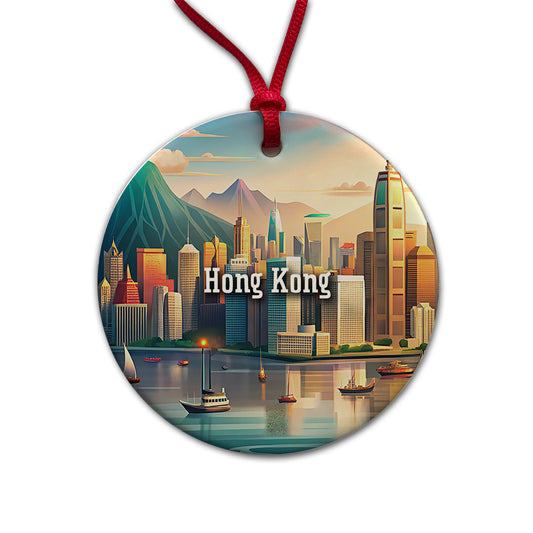 Hong Kong Travel City Country Stamp Round Ceramic Holiday Christmas Tree Ornament