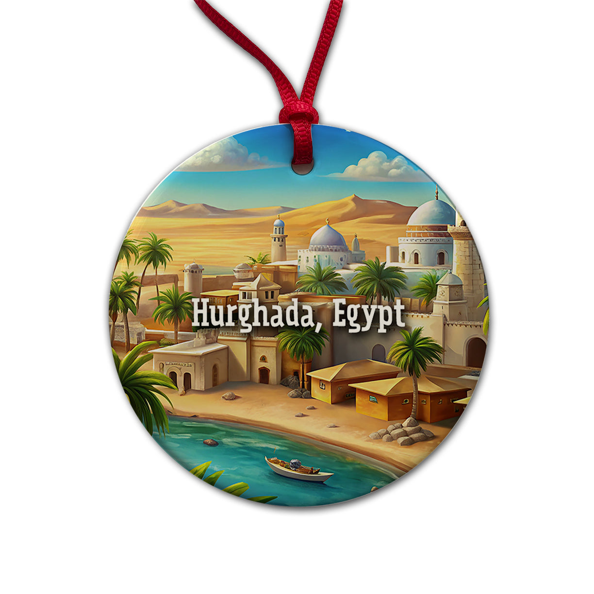 Hurghada, Egypt Travel City Country Stamp Round Ceramic Holiday Christmas Tree Ornament
