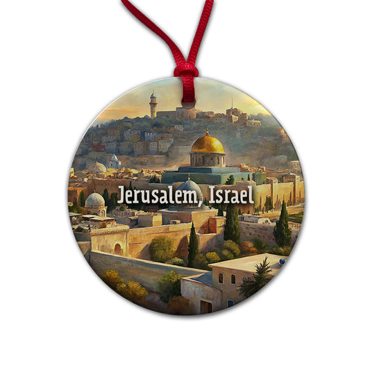 Jerusalem, Israel Travel City Country Stamp Round Ceramic Holiday Christmas Tree Ornament