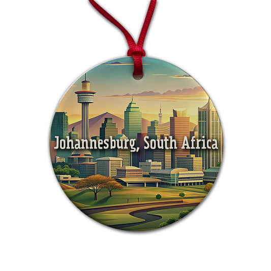 Johannesburg, South Africa Travel City Country Stamp Round Ceramic Holiday Christmas Tree Ornament