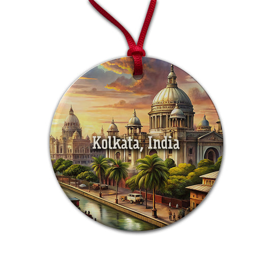 Kolkata, India Travel City Country Stamp Round Ceramic Holiday Christmas Tree Ornament