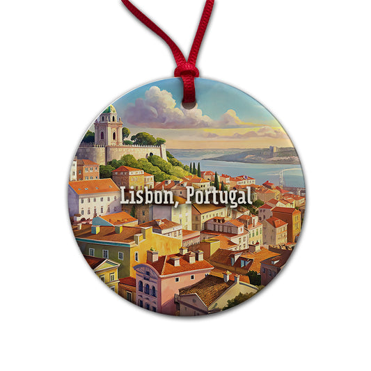 Lisbon, Portugal Travel City Country Stamp Round Ceramic Holiday Christmas Tree Ornament
