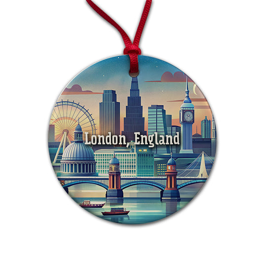 London, England Travel City Country Stamp Round Ceramic Holiday Christmas Tree Ornament