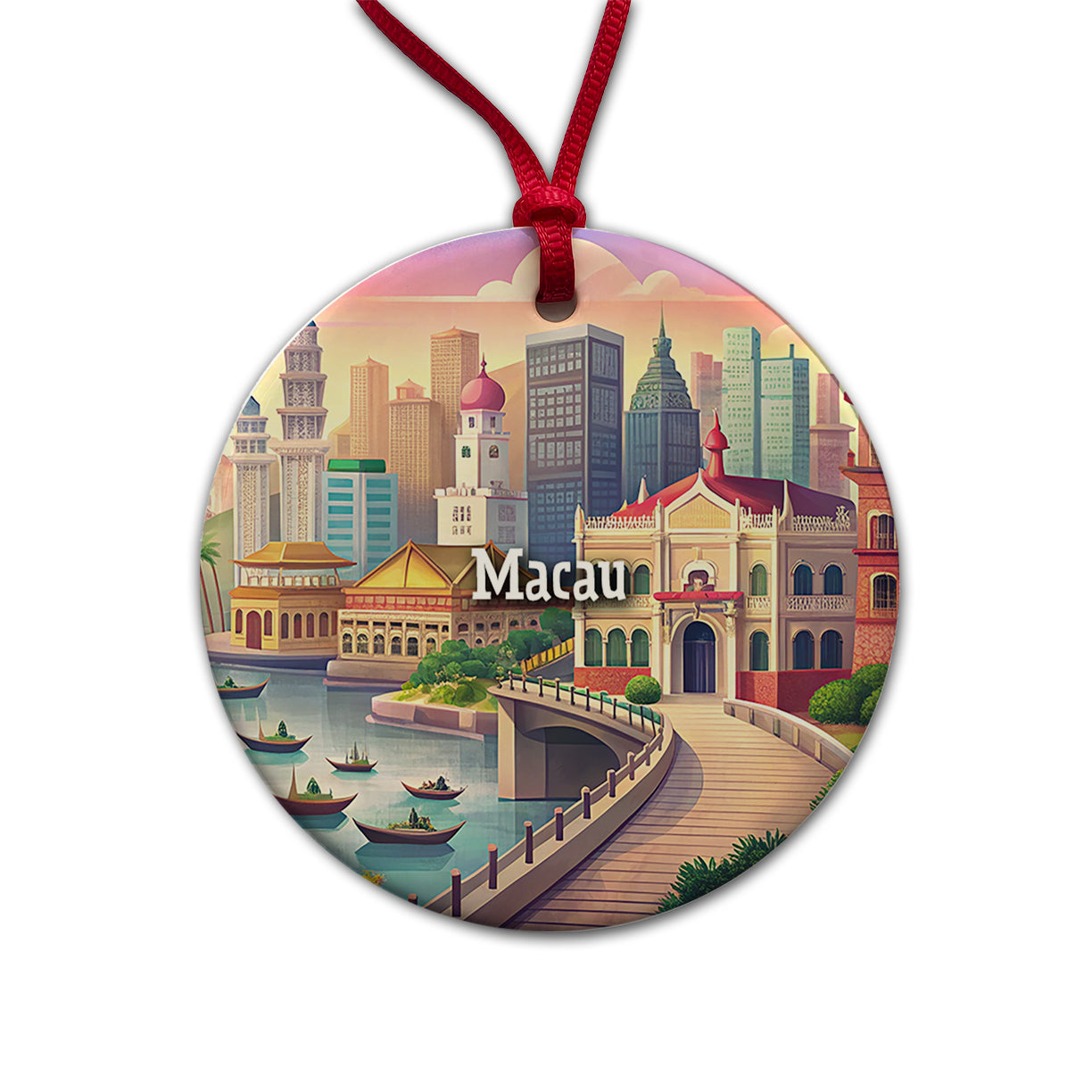 Macau Travel City Country Stamp Round Ceramic Holiday Christmas Tree Ornament