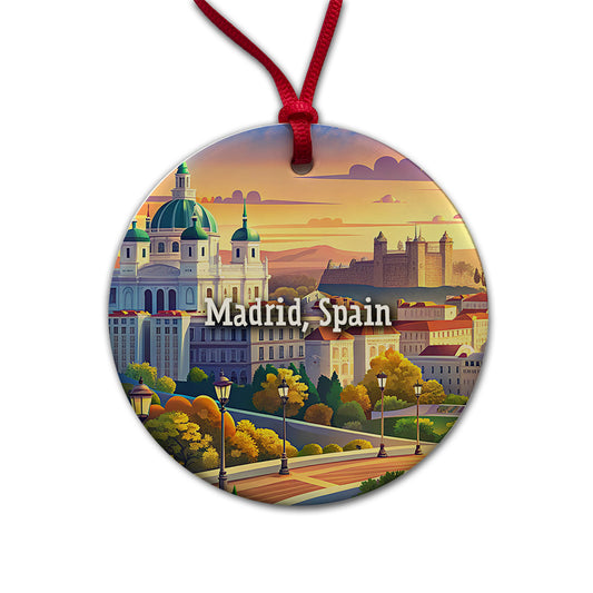 Madrid, Spain Travel City Country Stamp Round Ceramic Holiday Christmas Tree Ornament
