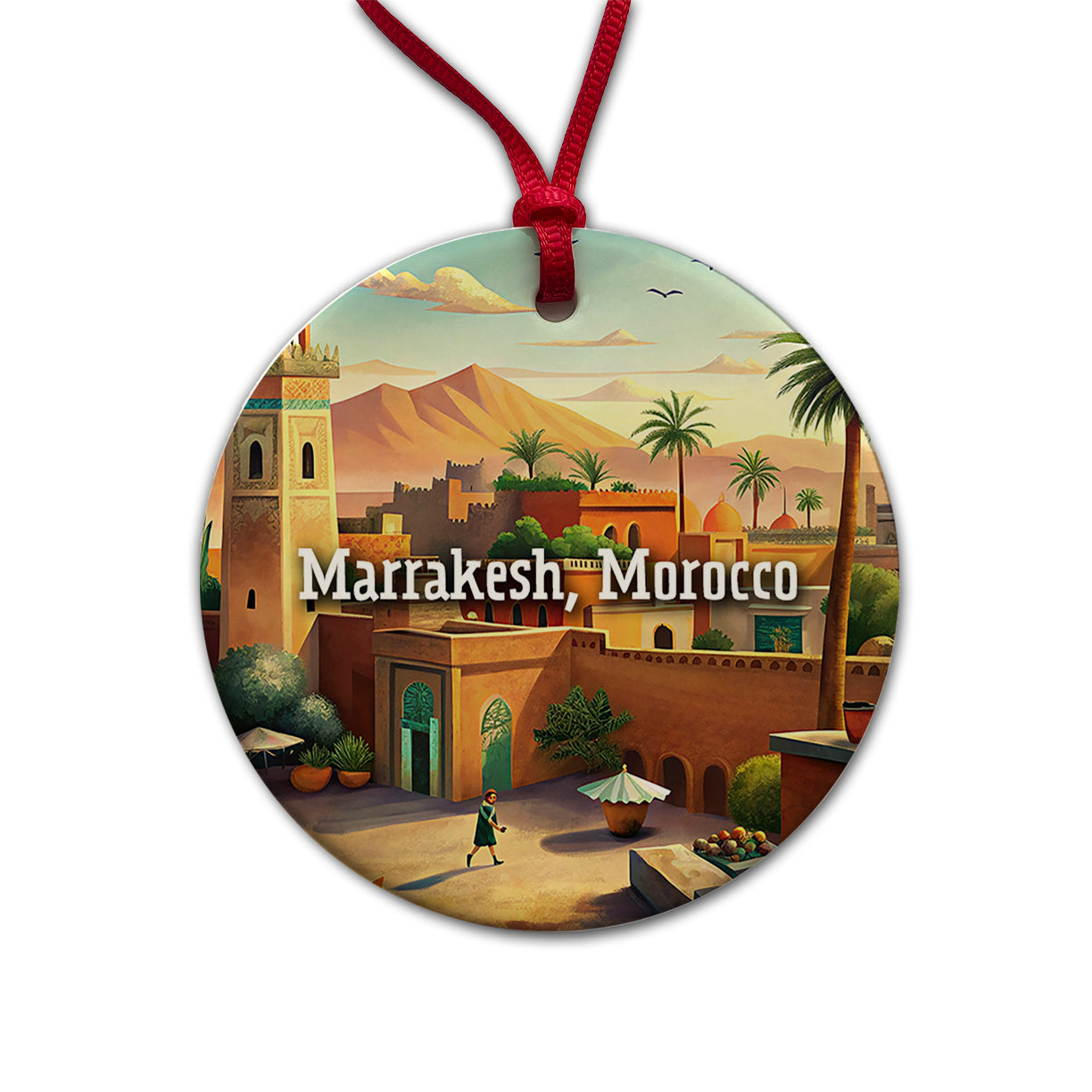 Marrakesh, Morocco Travel City Country Stamp Round Ceramic Holiday Christmas Tree Ornament
